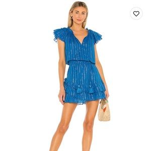 Karina Grimaldi Blue and Metallic striped mini ruffle dress. Sz XS